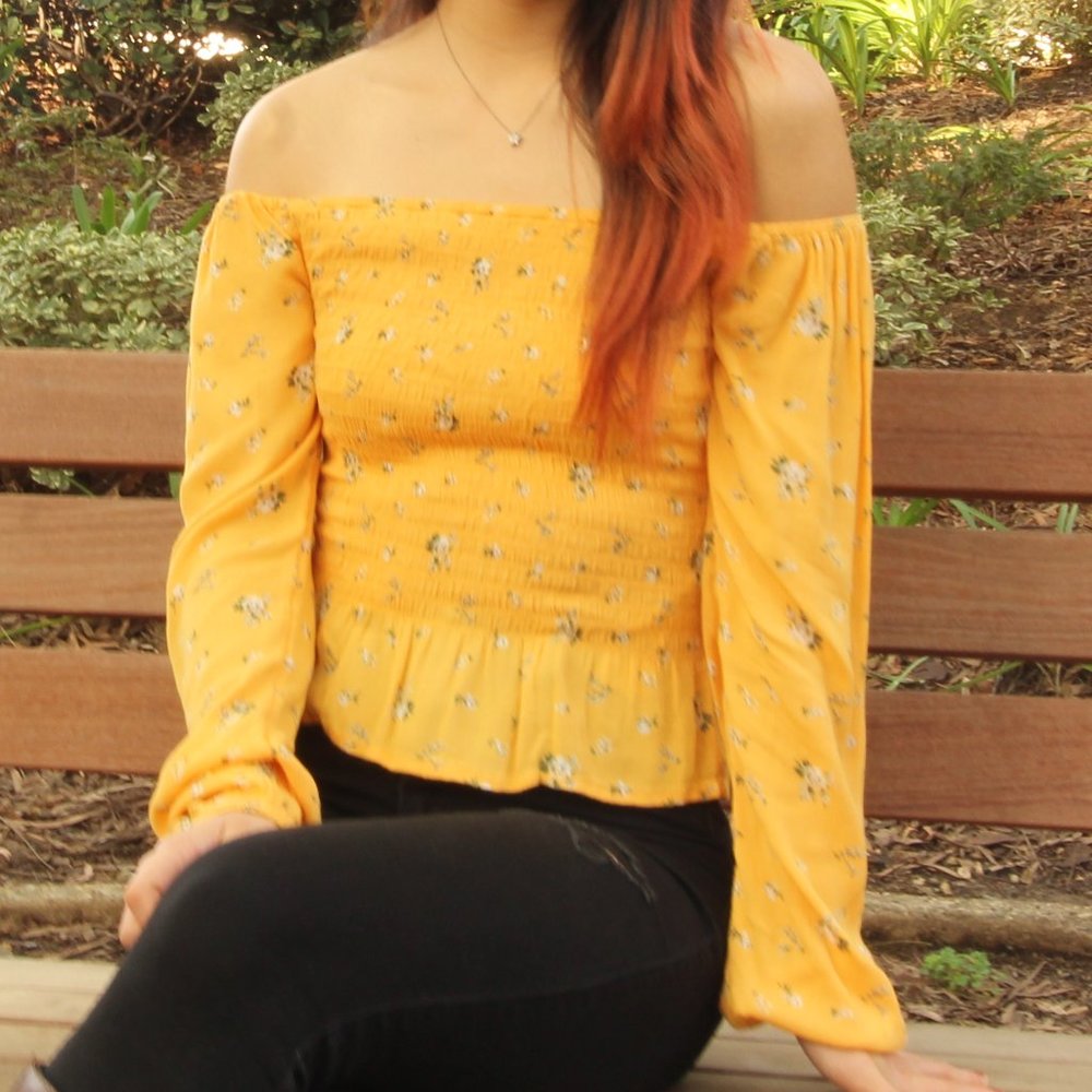 yellow off-the-shoulder floral smocked long-sleeve